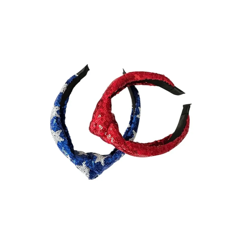 Kids Sequin Knot Headbands‎ Red Blue Star Patriotic Headwear Set